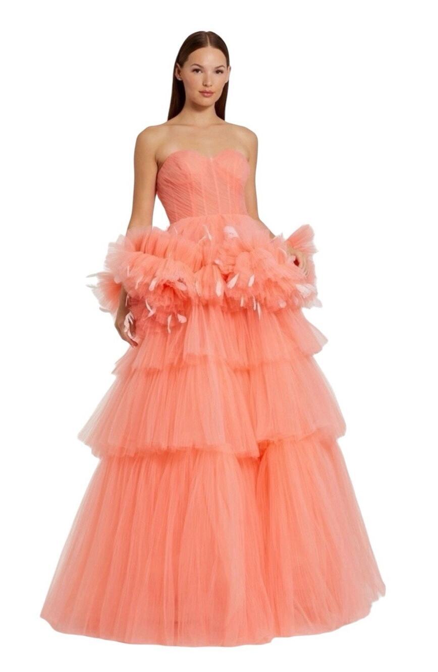 Mac Duggal 20572 Coral Strapless Feather Trim Tiered Tulle Ball Gown Size 4 $998